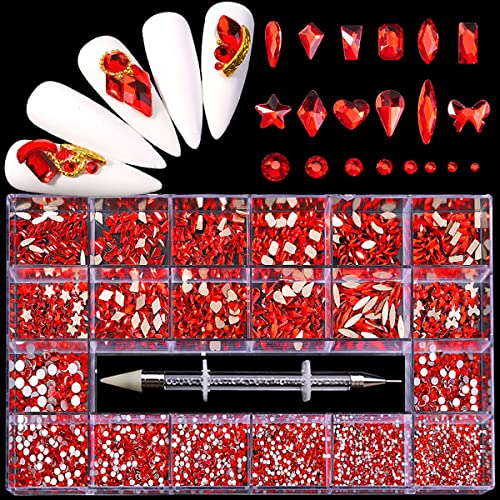 Yzzseven 12 Types of 600 Diamonds +2500 Flat Rhinestones Mix 20 Styles Flatback Rhinestone Crystals 3D Decorations Flat Back Stones Gems Set for for Nail Art DIY|（Scarlet）