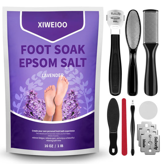 XIWEIOO Lavender Foot Soak Salts with Epsom Salt Soak 8-piece pedicure tool file set, Christmas gift pedicure foot spa products Tea Tree Oil Foot Soak spa message Foot Odor foot care set