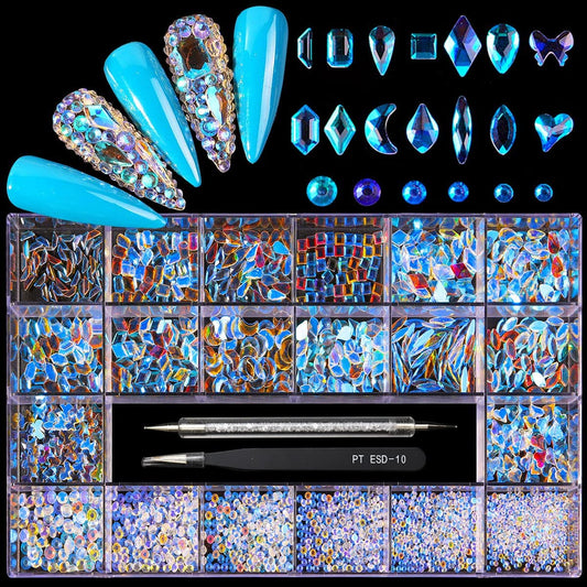 Yzzseven 12 Types of 600 Diamonds +2500 Flat Rhinestones Mix 20 Styles Flatback Rhinestone Crystals 3D Decorations Flat Back Stones Gems Set for for Nail Art DIY|（Aurora）